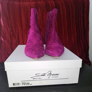 Sesto Meucci Bailey Fushia Suede kitten heel Ruffleed Bootie, Size 11